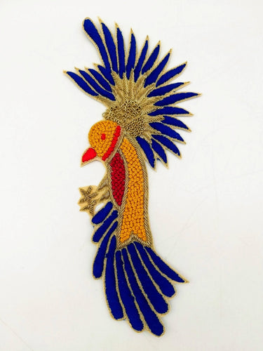 Hand Embroidered Bird Applique With Yellow, Blue and Red Embroidery With Antique Gold Zardozi Work, Bird Applique